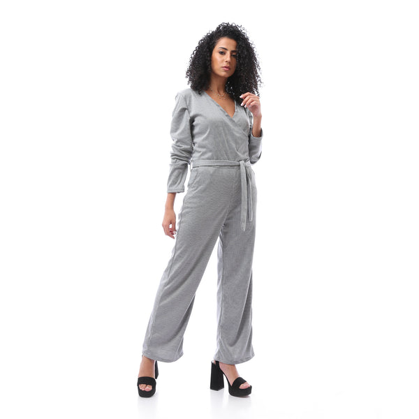 Houndstooth Jumpsuit with Belt - Grey & Black