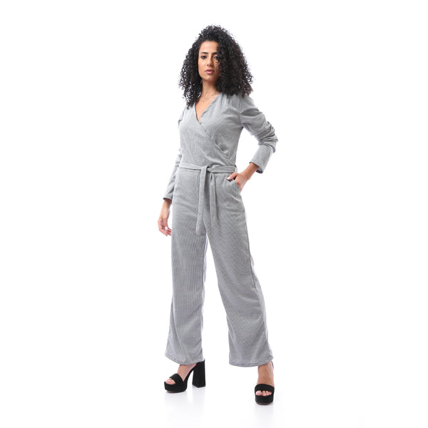 Houndstooth Jumpsuit with Belt - Grey & Black