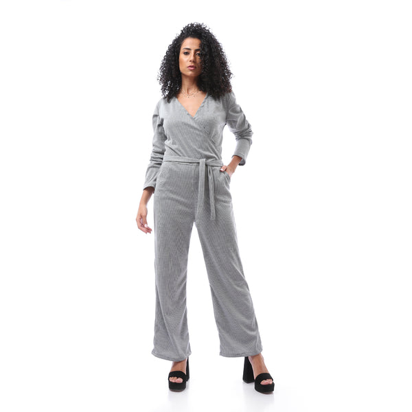 Houndstooth Jumpsuit with Belt - Grey & Black