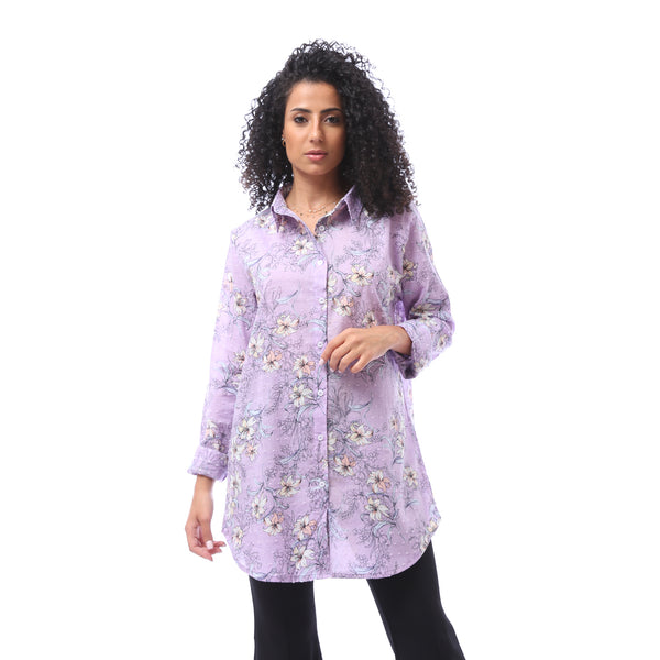 Patterned Trees Buttoned Closure Blouse - Purpel