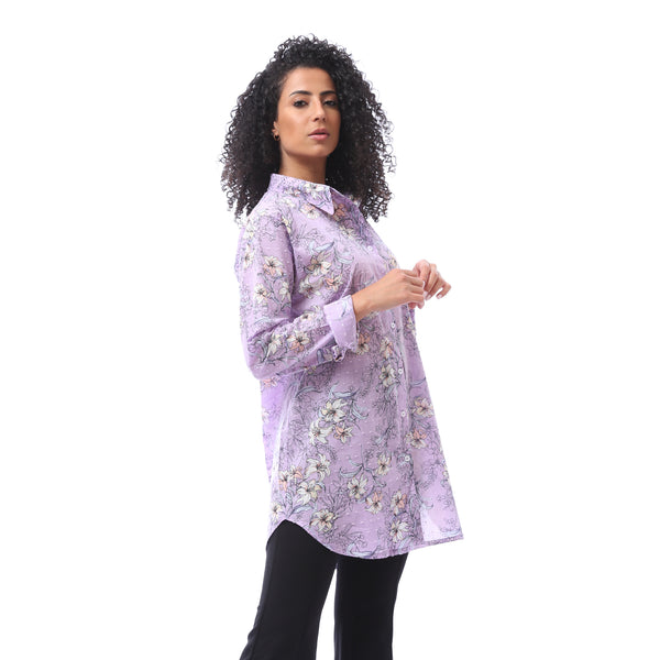 Patterned Trees Buttoned Closure Blouse - Purpel