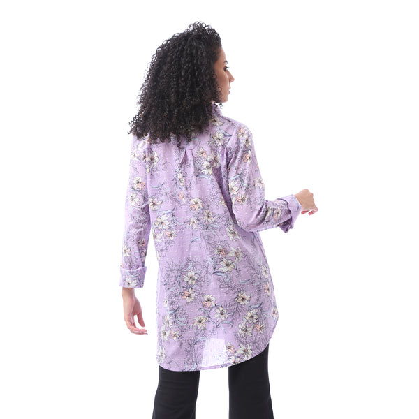 Patterned Trees Buttoned Closure Blouse - Purpel