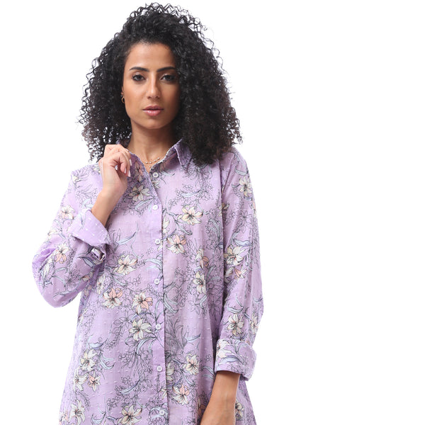 Patterned Trees Buttoned Closure Blouse - Purpel