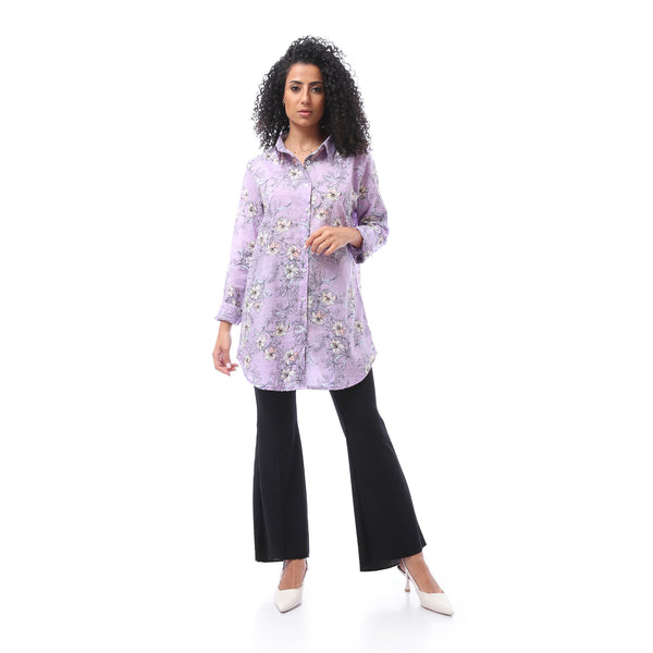 Patterned Trees Buttoned Closure Blouse - Purpel