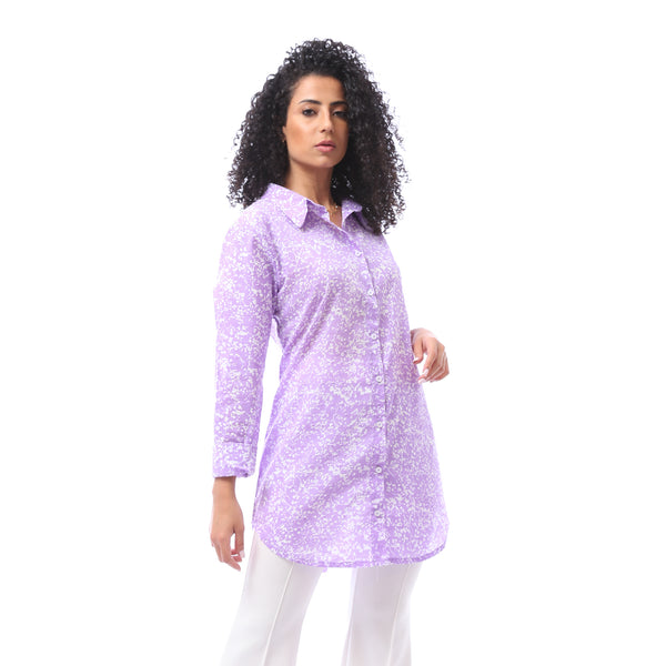 Patterned Trees  Buttoned Closure Blouse -Lavender