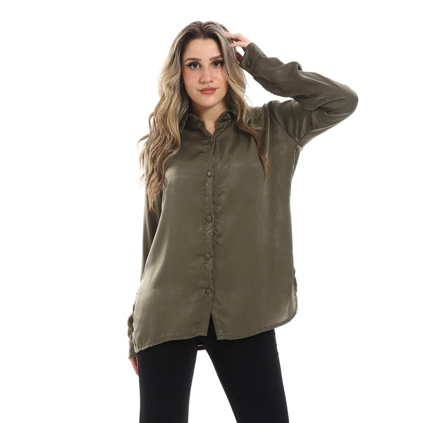 Long Sleeves Metalic Olive Buttoned Down Shirt