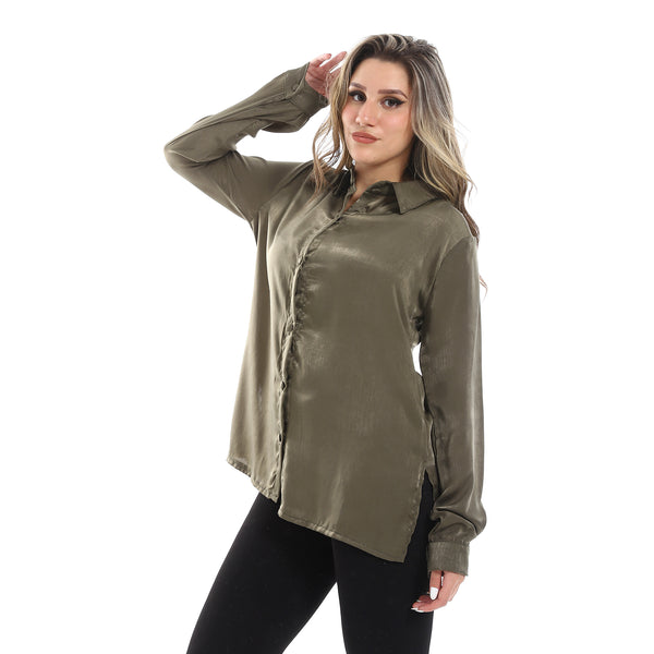 Long Sleeves Metalic Olive Buttoned Down Shirt