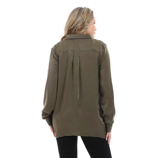 Long Sleeves Metalic Olive Buttoned Down Shirt
