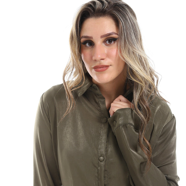 Long Sleeves Metalic Olive Buttoned Down Shirt