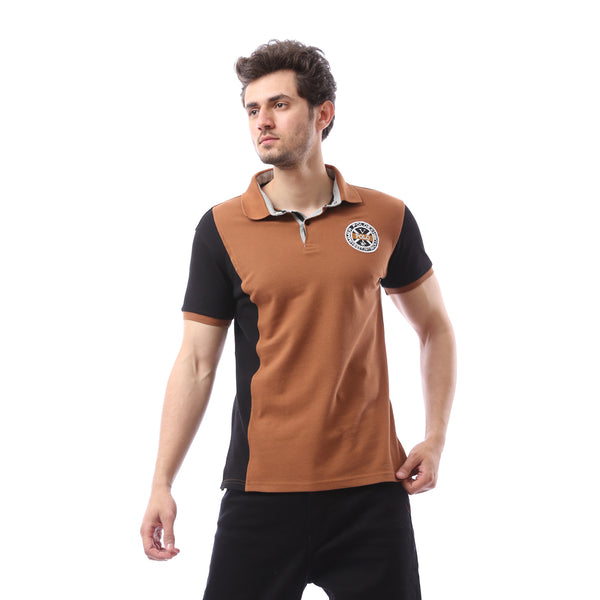 Printed Buttoned Closure Polo Shirt - Brown