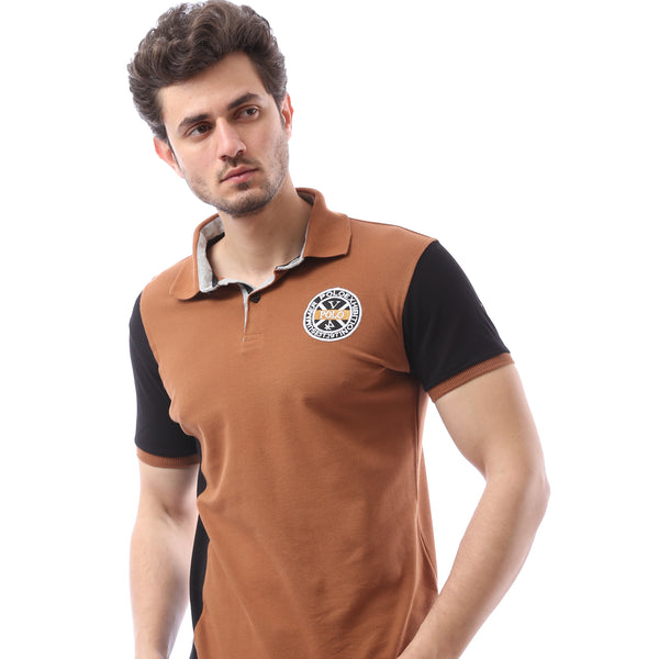 Printed Buttoned Closure Polo Shirt - Brown