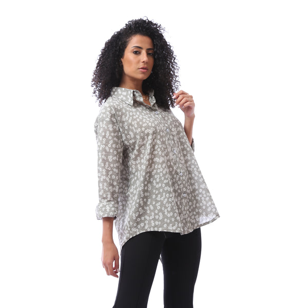 Buttoned Closure Patterned Blouse - Light Grey
