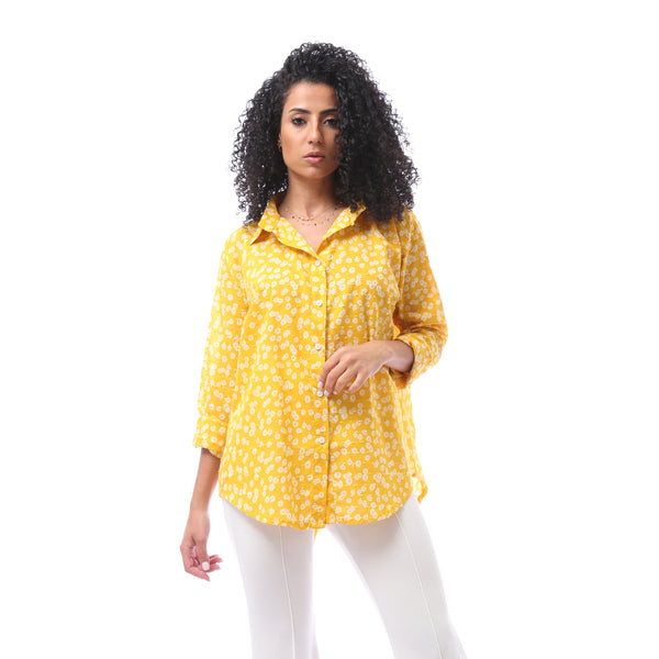 Patterned Turn Down Collar Blouse - Yellow