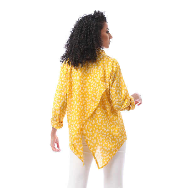 Patterned Turn Down Collar Blouse - Yellow
