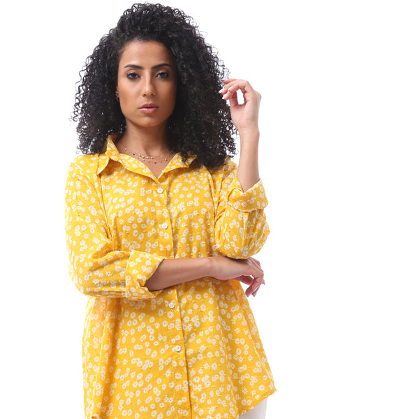 Patterned Turn Down Collar Blouse - Yellow