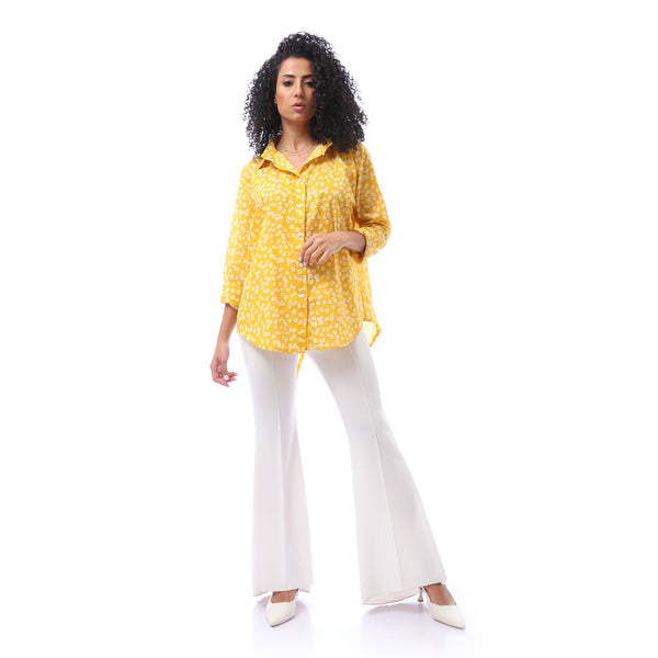 Patterned Turn Down Collar Blouse - Yellow