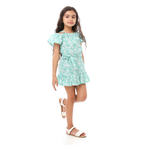 Girls Floral Off-Shoulders Dress - Mint