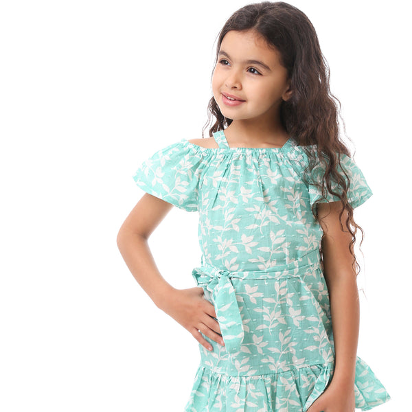 Girls Floral Off-Shoulders Dress - Mint