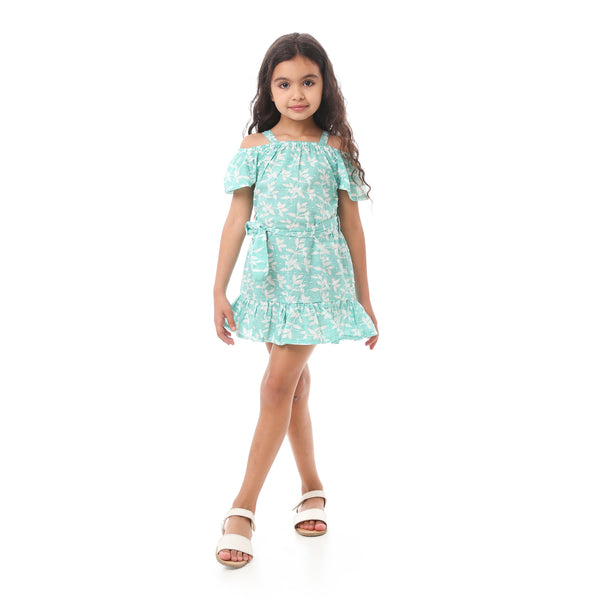 Girls Floral Off-Shoulders Dress - Mint