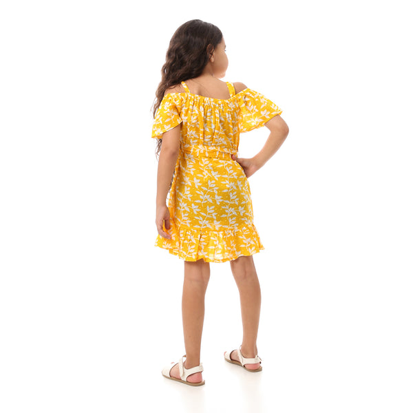 Girls Floral Off-Shoulders Dress - Yellow