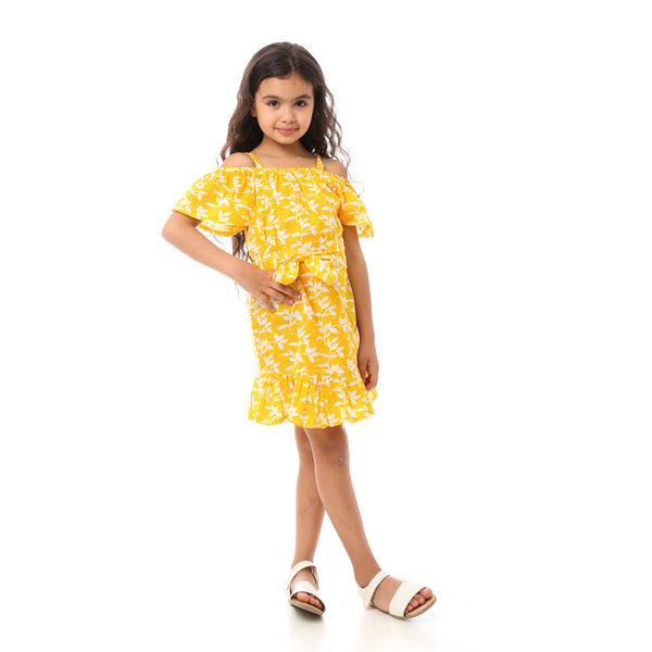 Girls Floral Off-Shoulders Dress - Yellow