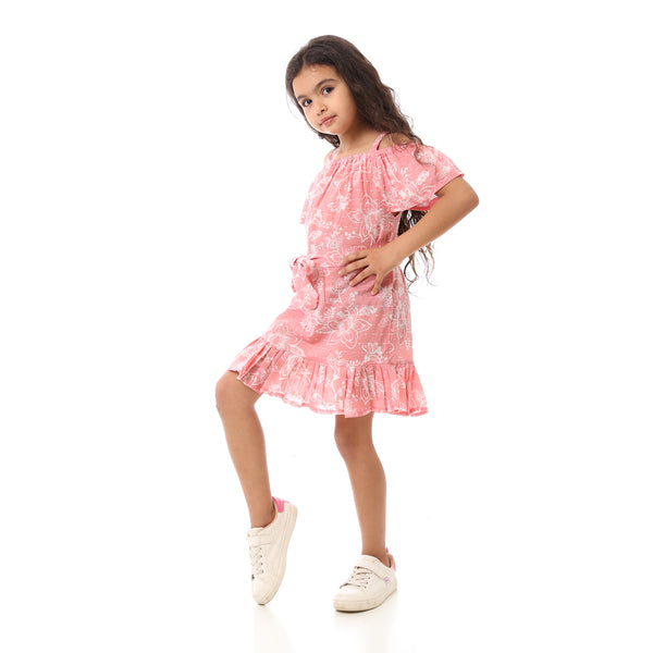 Girls Floral  Dress With Waist Belt - Cashmere