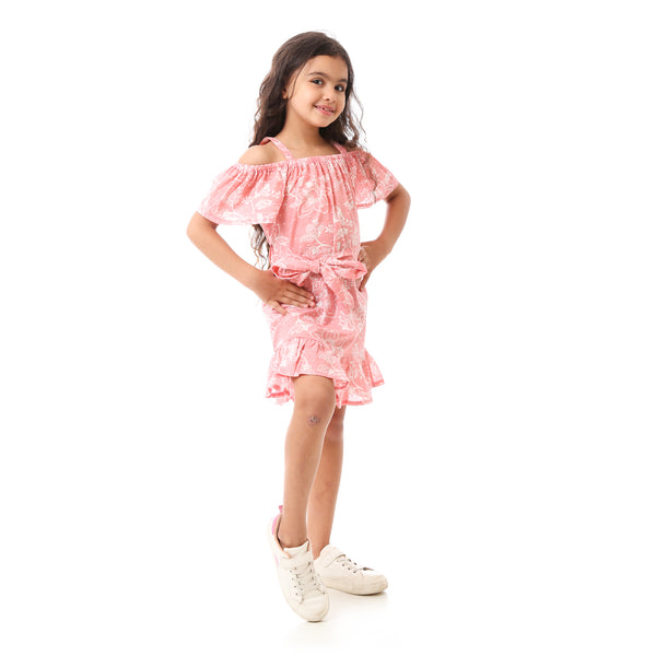 Girls Floral  Dress With Waist Belt - Cashmere