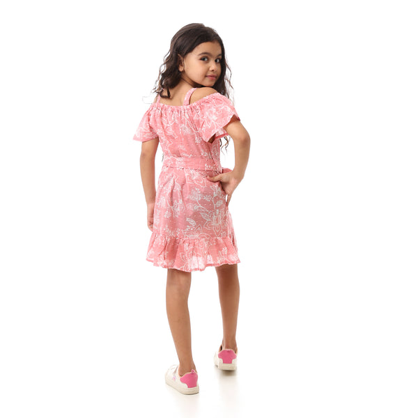 Girls Floral  Dress With Waist Belt - Cashmere