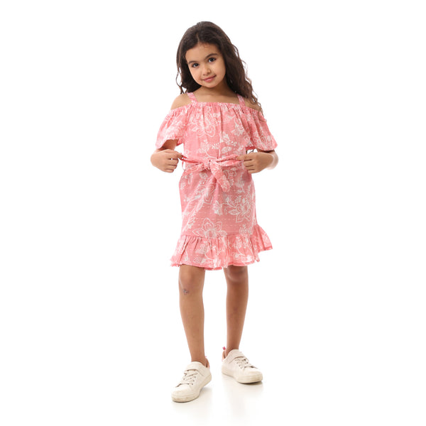 Girls Floral  Dress With Waist Belt - Cashmere