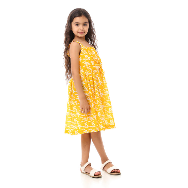 Girls Floral Dress With Square Neck - Yellow