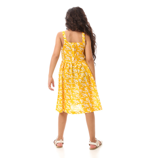 Girls Floral Dress With Square Neck - Yellow