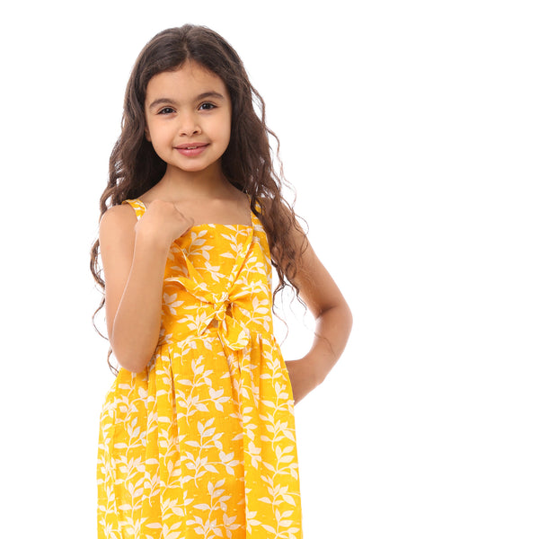 Girls Floral Dress With Square Neck - Yellow