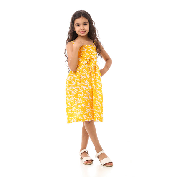 Girls Floral Dress With Square Neck - Yellow