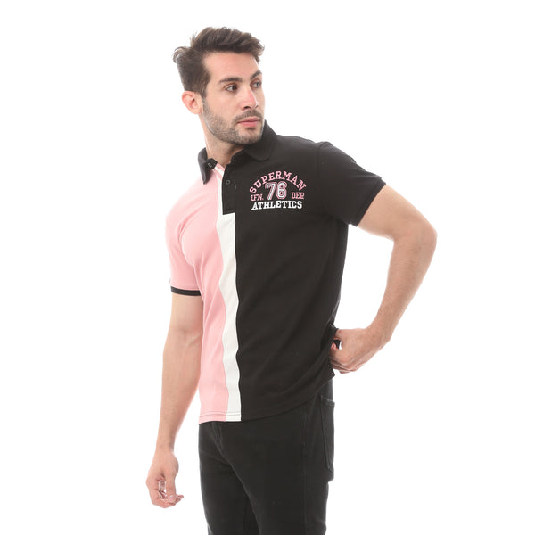 Knitted Light Pink & Black Cotton Polo Shirt