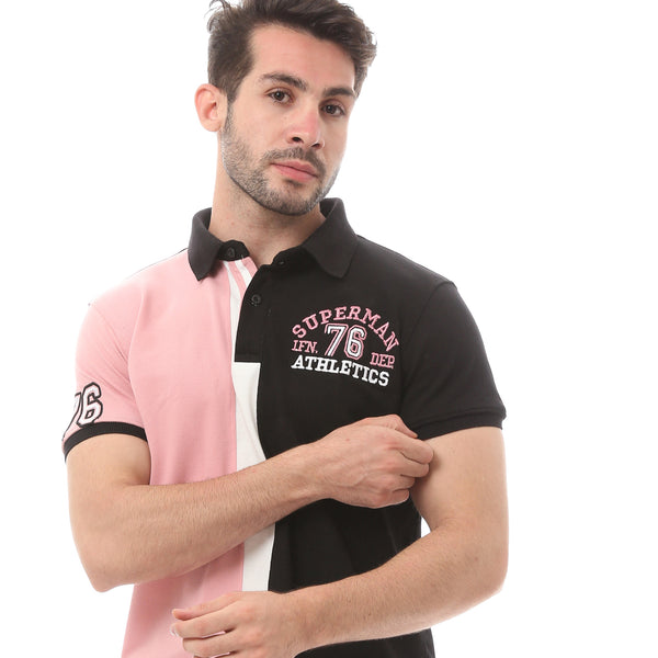 Knitted Light Pink & Black Cotton Polo Shirt