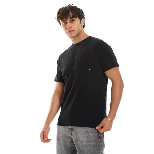 Black Tee With Chest Pockets & Round Neck