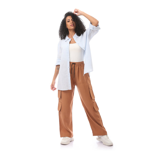 Camel Slip On Pants With Elastic Waist & Pockets