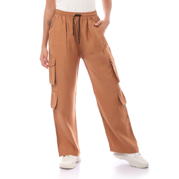 Camel Slip On Pants With Elastic Waist & Pockets