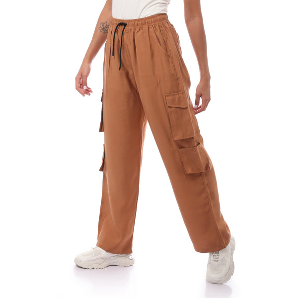 Camel Slip On Pants With Elastic Waist & Pockets