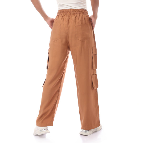 Camel Slip On Pants With Elastic Waist & Pockets