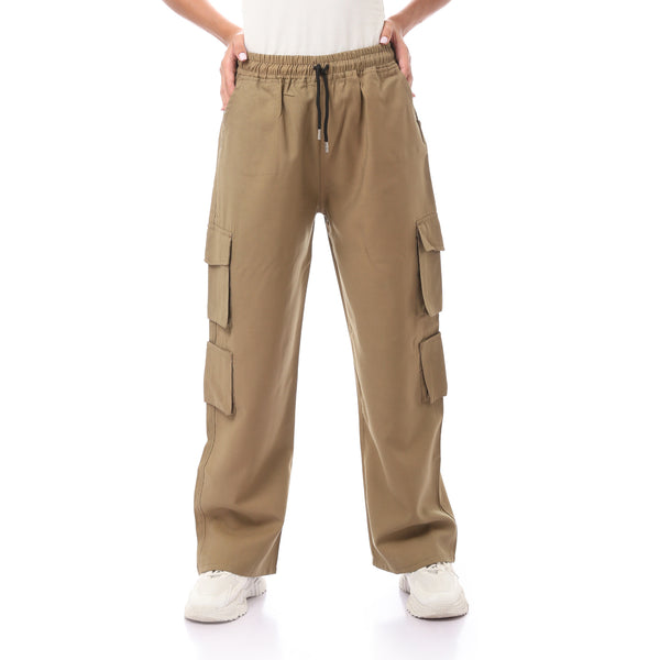 Slip On Brown Baggy Pants With Elastic Waist