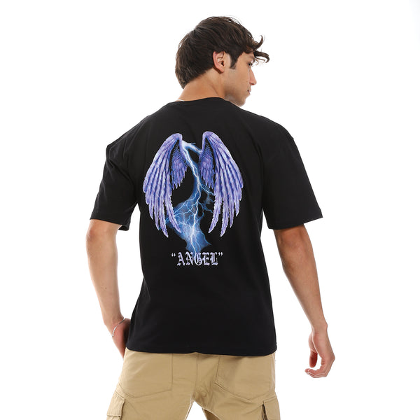 Slip On "Angel" Printed Cotton Men Tee - Black