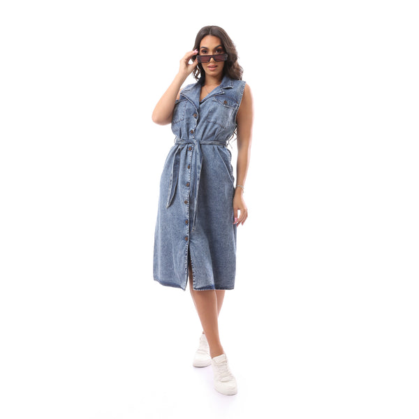 Jeans Blue Buttoned Sleeveless Dress
