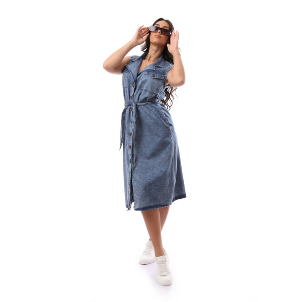 Jeans Blue Buttoned Sleeveless Dress