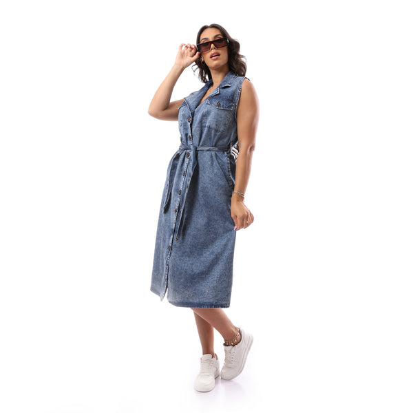 Jeans Blue Buttoned Sleeveless Dress