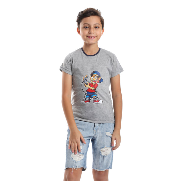 Printed Pattern Short Sleeves Boys T-Shirt - Heather Grey