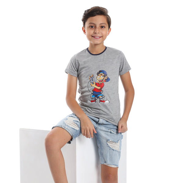 Printed Pattern Short Sleeves Boys T-Shirt - Heather Grey