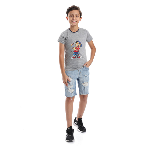 Printed Pattern Short Sleeves Boys T-Shirt - Heather Grey