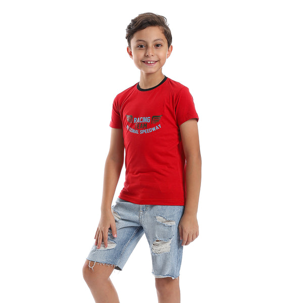 Printed Pattern Front And Back Short Sleeves Boys T-Shirt - Carmine Red