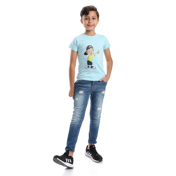 Printed Pattern Short Sleeves Boys T-Shirt - Light Blue